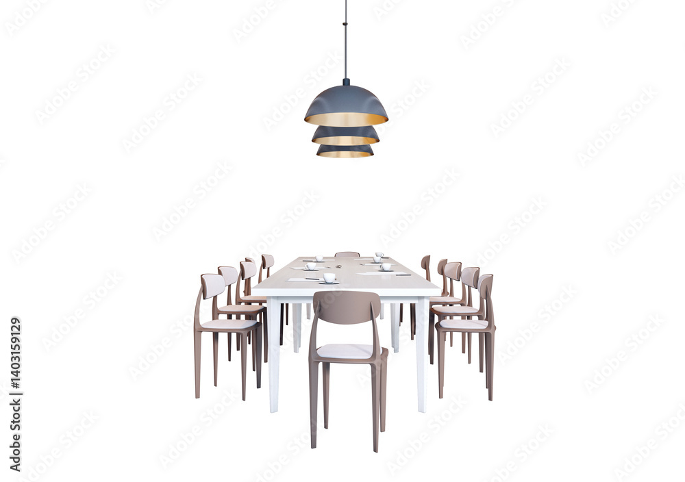 Poster contemporary dining table set with twelve chairs and a stylish pendant lamp above, isolated on white