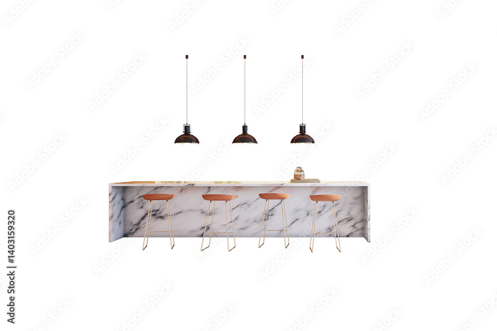 Poster marble kitchen island with five bar stools and three pendant lights, clean minimalistic style on whi