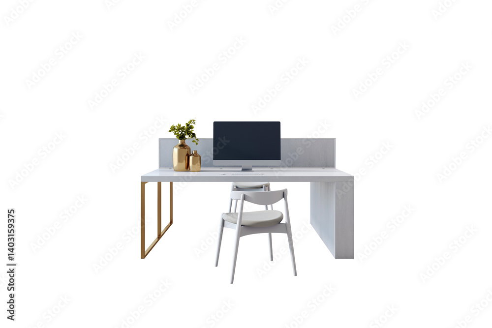 Poster minimalist white office desk setup with computer, chair, and gold vases, clean design style, isolate