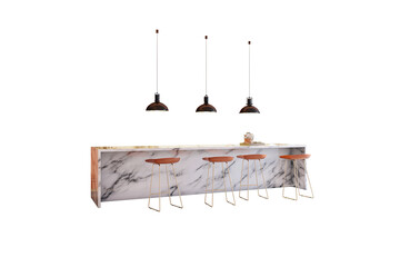 Marble kitchen island with four bar stools and three pendant lights, minimalistic design, isolated on white background, interior layout concept, 3D Rendering