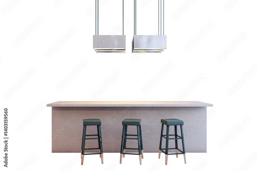 Poster kitchen island set with three bar stools and two pendant lights, minimalistic clean style, isolated 
