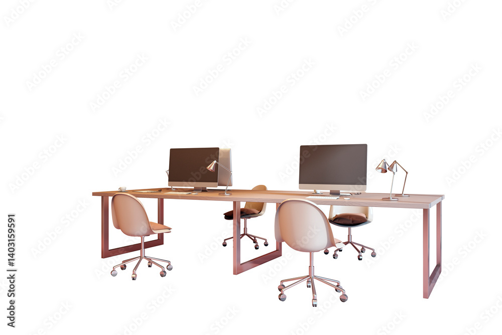 Poster office desk with four chairs, two computers, and lamps in modern clean layout, isolated on white bac
