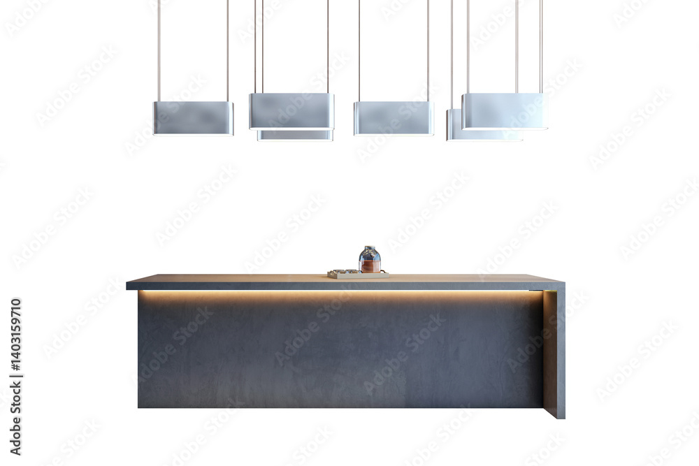 Poster Sleek modern reception counter with soft underlighting and five hanging pendant light fixtures, isolated on a white background. 3D Rendering