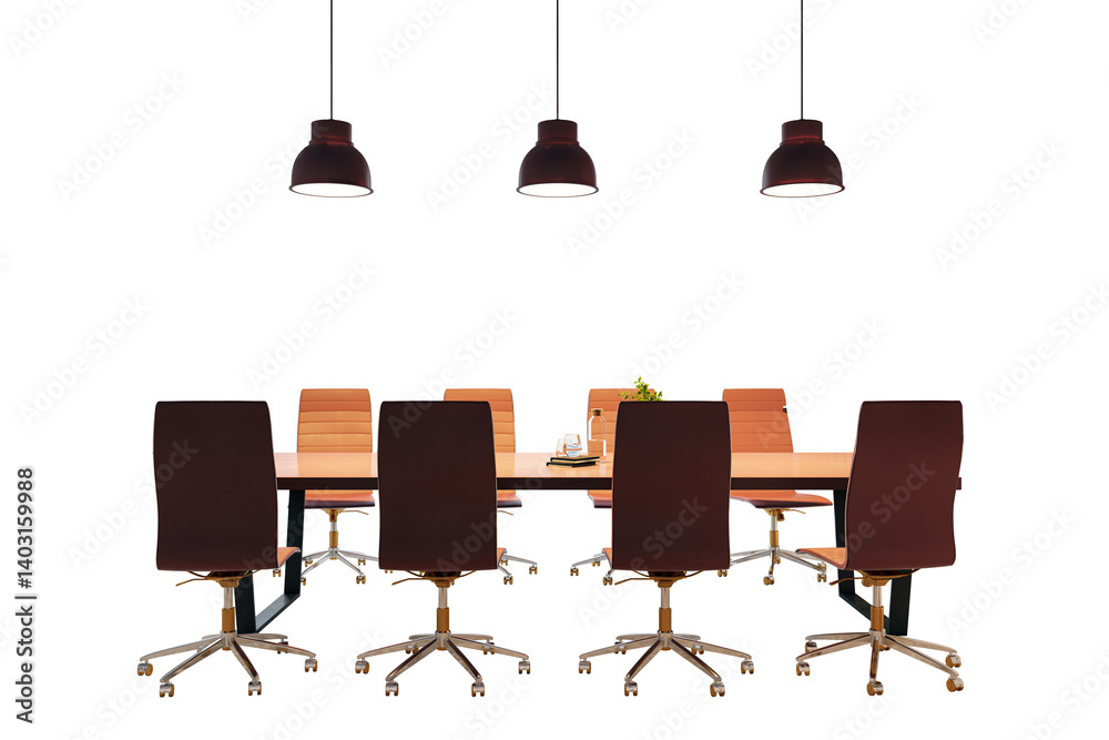 Leinwandbilder office conference table with rolling chairs and pendant ceiling lights in a clean layout, isolated o