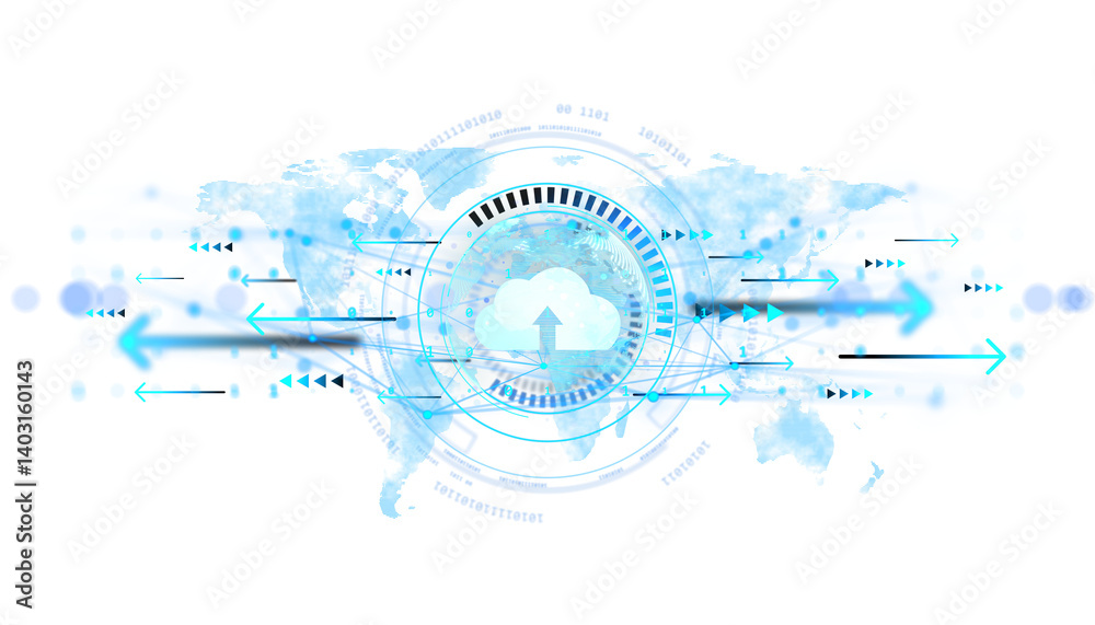 Poster Cloud icon with upload arrow, blue arrows and digital HUD over world map, on white background. Concept of online network, storage, and data. 3D Rendering