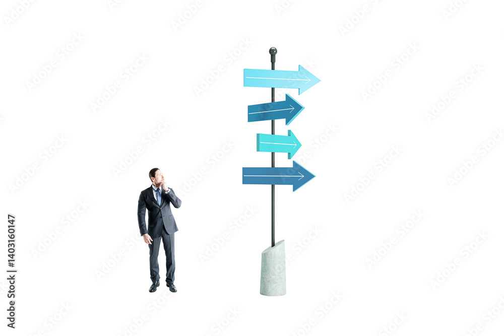 Poster man in suit thinking beside pole with arrows pointing in different directions, clean isolated white 