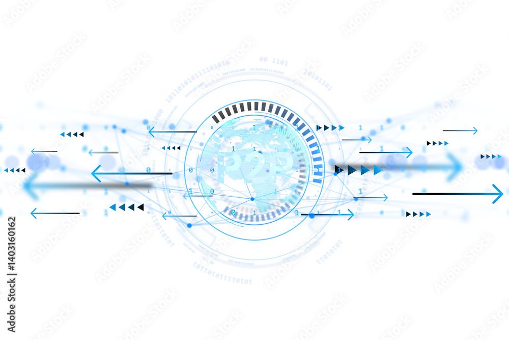 Leinwandbilder Futuristic digital P2P network element with arrows and binary code in light blue style on transparent background, concept of data transfer. 3D Rendering