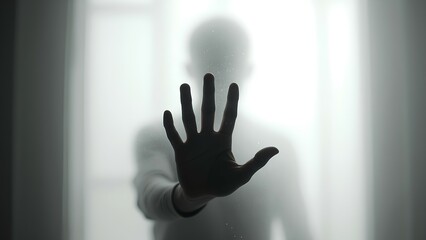 A shadowy figure presses their hand against a foggy glass surface, creating a mysterious and emotive atmosphere.