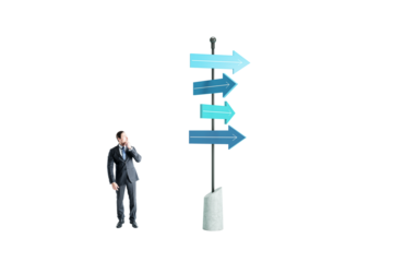 Man in suit thinking beside pole with arrows pointing in different directions, clean isolated white background, concept of strategy and decision