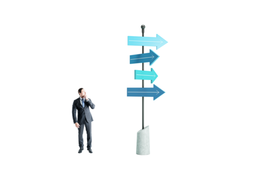 Man in suit thinking beside pole with arrows pointing in different directions, clean isolated white background, concept of strategy and decision