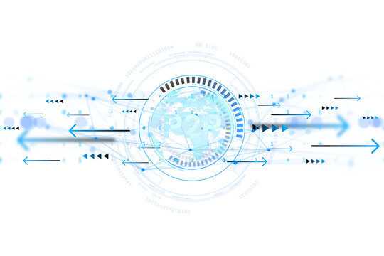 Futuristic digital P2P network element with arrows and binary code in light blue style on transparent background, concept of data transfer. 3D Rendering
