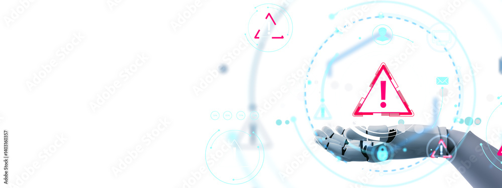 Aufkleber Robotic hand holding a digital warning icon with exclamation mark in futuristic holographic style on white background. Concept of tech risk. 3D Rendering