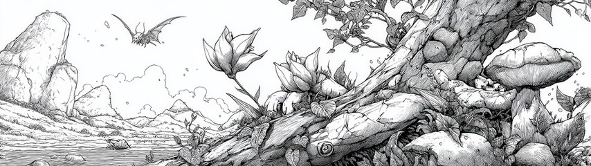 Detailed Illustrated Fantasy Landscape with Flora, Fauna, and Ethereal Background Elements