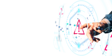 Closeup of businessperson hand touching digital warning icons on futuristic interface, light style, on white background, concept of cybersecurity