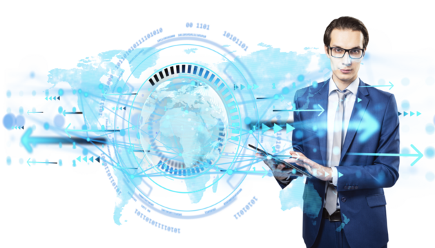 Businessperson in suit using tablet with abstract digital globe and arrows, light tech style on white background, concept of global connectivity
