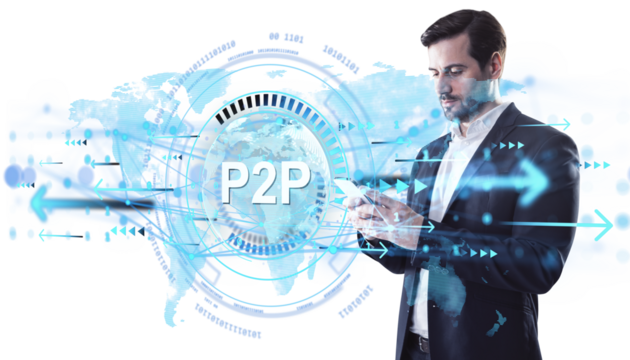 Businessman in suit using smartphone, digital world map and P2P tech graphics over light background, concept of peer-to-peer global network