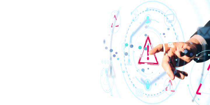Closeup of businessperson hand touching digital warning icons on futuristic interface, light style, on white background, concept of cybersecurity
