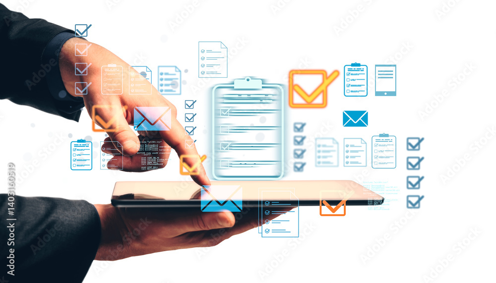 Poster Hands of a businessperson using a tablet, with floating checklist and email icons in a modern graphic style on a white background, digital task concept