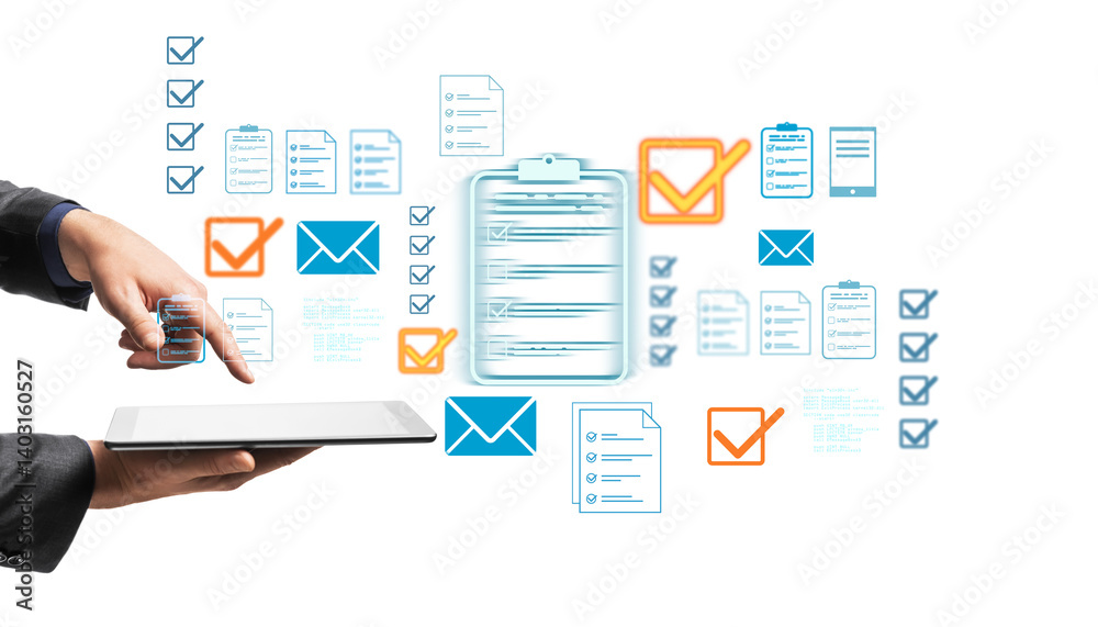 Aufkleber Businessperson interacts with digital tablet displaying floating checkmarks, forms, and email icons on isolated white background for virtual workflow