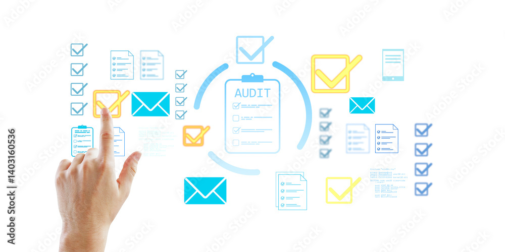 Poster Hand of a person selecting a digital checkmark icon on a transparent interface with audit documents, symbols, and email icons on white background