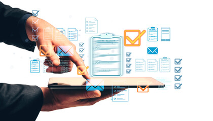 Hands of a businessperson using a tablet, with floating checklist and email icons in a modern graphic style on a white background, digital task concept