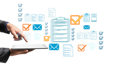 Businessperson interacts with digital tablet displaying floating checkmarks, forms, and email icons on isolated white background for virtual workflow