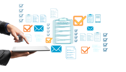 Businessperson interacts with digital tablet displaying floating checkmarks, forms, and email icons on isolated white background for virtual workflow