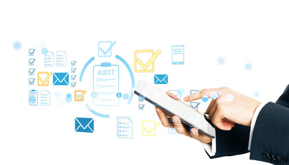 Businessperson interacting with a tablet, surrounded by audit icons and checklists, on a white background, representing digital business compliance