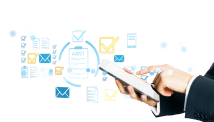 Businessperson interacting with a tablet, surrounded by audit icons and checklists, on a white background, representing digital business compliance