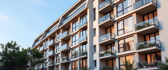 Obraz premium Sleek modern apartment building, angled windows, spacious balconies, building exterior, construction