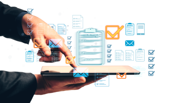 Hands of a businessperson using a tablet, with floating checklist and email icons in a modern graphic style on a white background, digital task concept