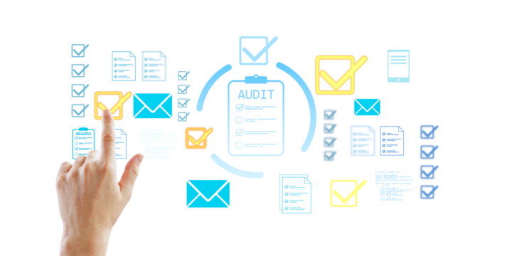 Hand of a person selecting a digital checkmark icon on a transparent interface with audit documents, symbols, and email icons on white background