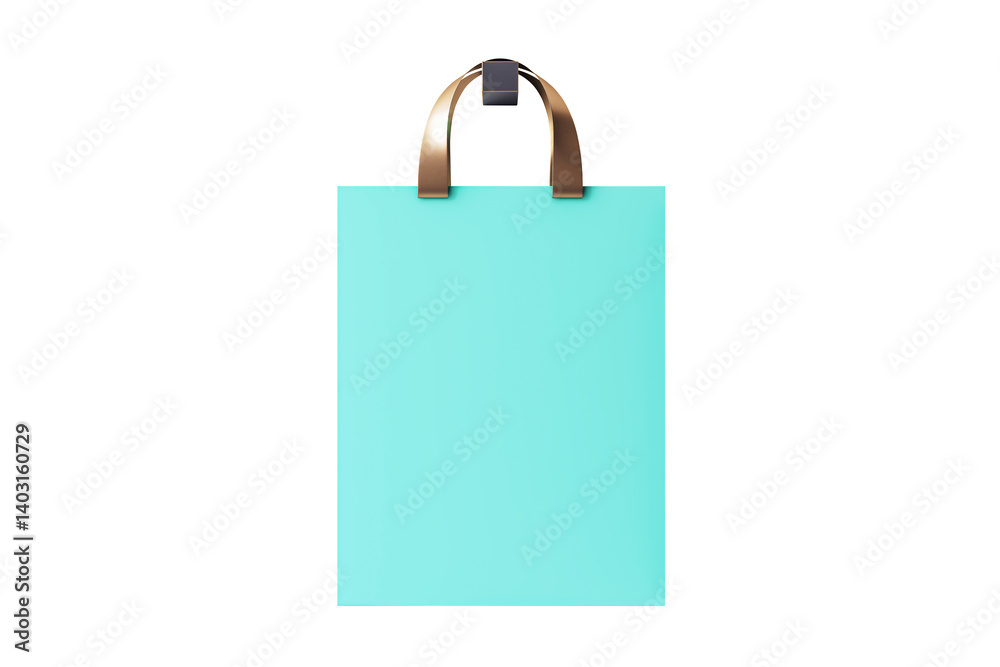Poster turquoise shopping bag with shiny metallic handles, clean cutout style on white background. concept 