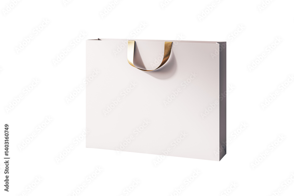 Poster empty white shopping bag with shiny golden handles, clean minimal 3d rendering style, isolated on tr