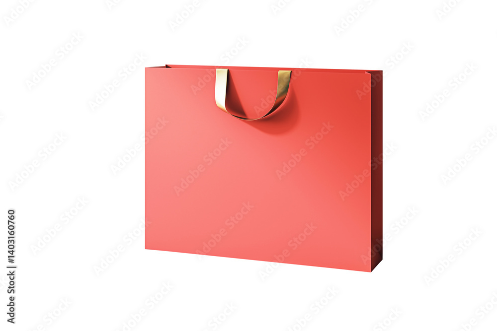Poster red shopping bag with shiny golden handles in a clean 3d rendering style, isolated on white backgrou