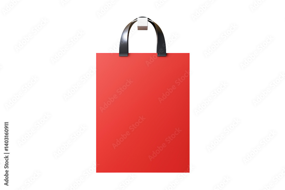 Poster red shopping bag with black handles isolated on clean white background, empty mockup template for br