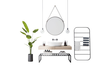 Bathroom furniture set with round mirror, sink, towel rack, potted plant, and bench, clean modern style on white background. 3D Rendering