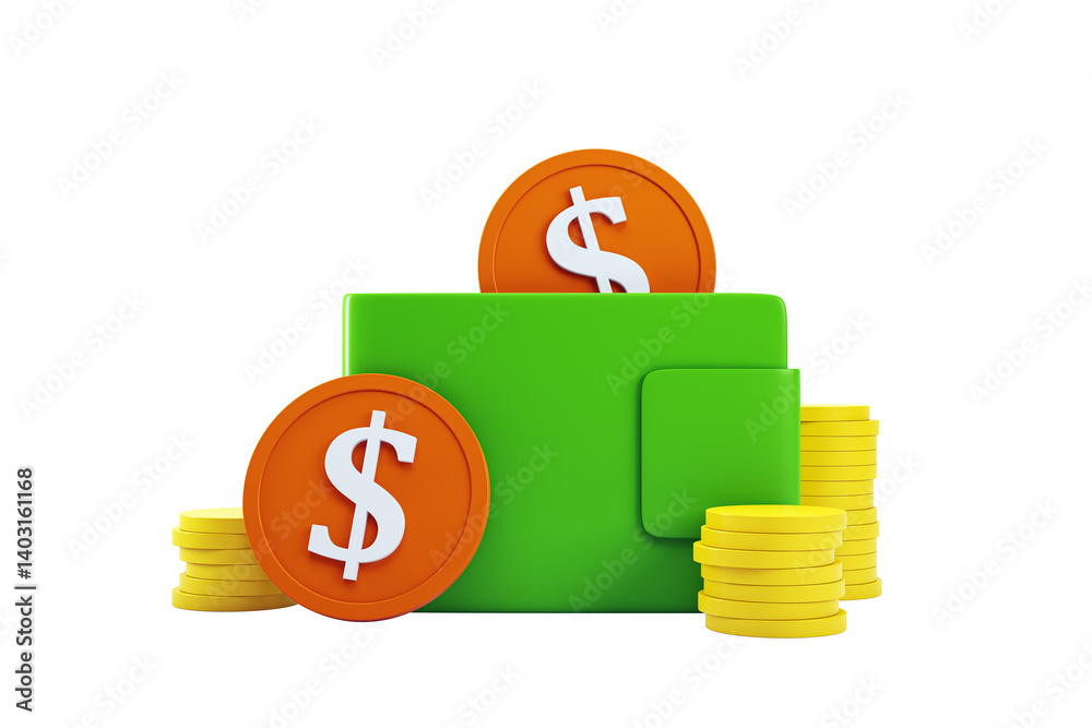 Poster green wallet with orange dollar coins and yellow currency stacks, clean 3d rendering style on white 