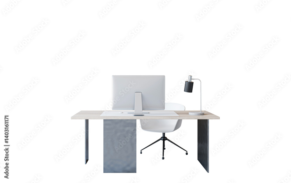 Poster minimalist office desk with computer, chair, and desk lamp in clean layout on white background. 3d r