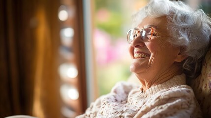 Senior woman laughing warmly, radiating joy and contentment in a serene moment.
