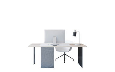 Minimalist office desk with computer, chair, and desk lamp in clean layout on white background. 3D Rendering of modern business workspace element