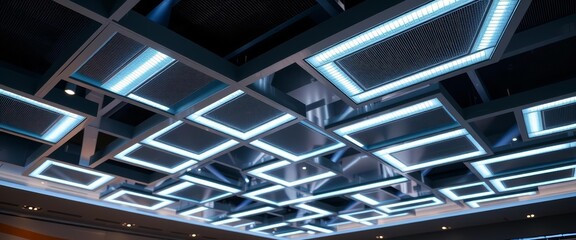 Sleek metallic ceiling, interlocking rectangular LED light panels , abstract, modern