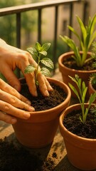Vertical close-up of hands planting seedlings in terracotta pots on sunny balcony, building cozy urban garden in small space. Urban garden blossoms with fresh lively urban garden. Concept urban garden