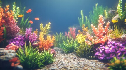 Obraz premium Vibrant coral reef aquarium, underwater scene, fish swimming, path, background blur, nature documentary