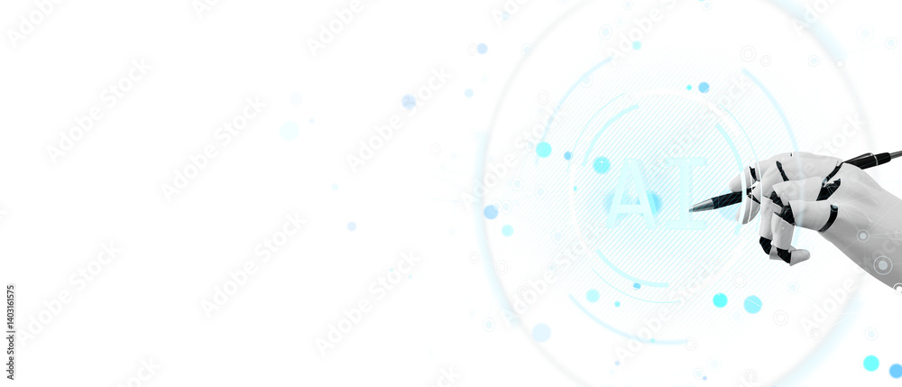 Poster Robotic hand holding pen against clean white background with digital AI interface, representing artificial intelligence and neural network concept. 3D Rendering