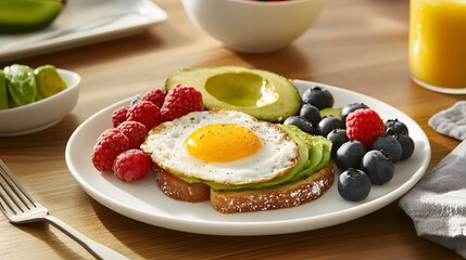 healthy breakfast setup with eggs, avocado toast, berries, and oats