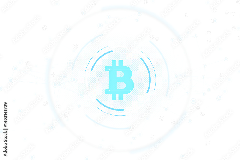 Aufkleber Blue bitcoin icon in circular design, light digital style on white background, concept of cryptocurrency, finance, and secure blockchain network. 3D Rendering