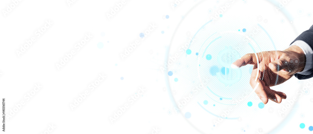 Poster closeup of a man's hand in suit interacting with digital dollar icon over light abstract background,