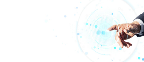 Closeup of a man's hand in suit interacting with digital dollar icon over light abstract background, representing finance and technology concept