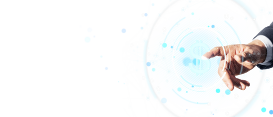 Closeup of a man's hand in suit interacting with digital dollar icon over light abstract background, representing finance and technology concept
